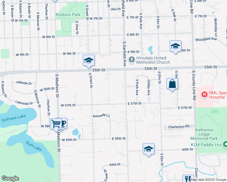 map of restaurants, bars, coffee shops, grocery stores, and more near 5609 South Washington Street in Hinsdale