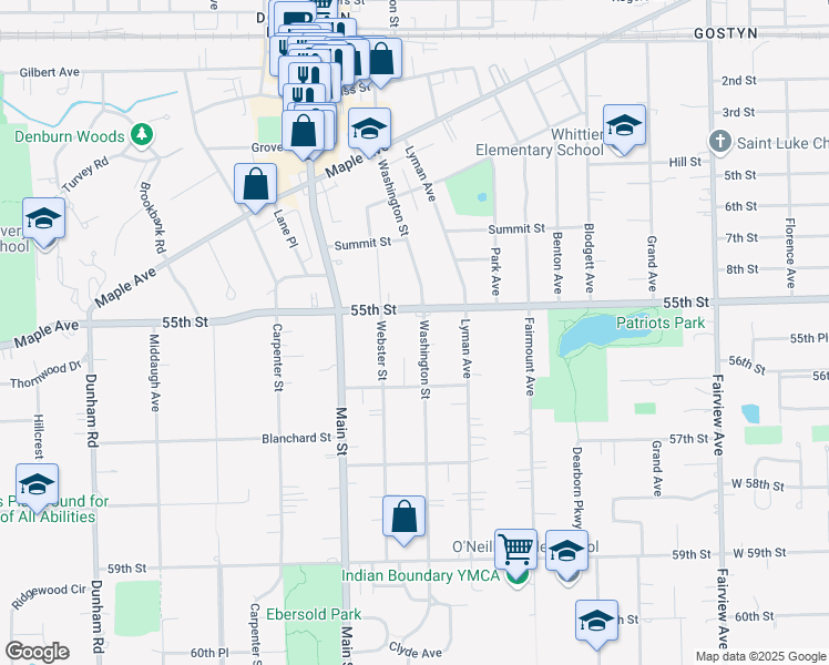 map of restaurants, bars, coffee shops, grocery stores, and more near 5516 Washington Street in Downers Grove