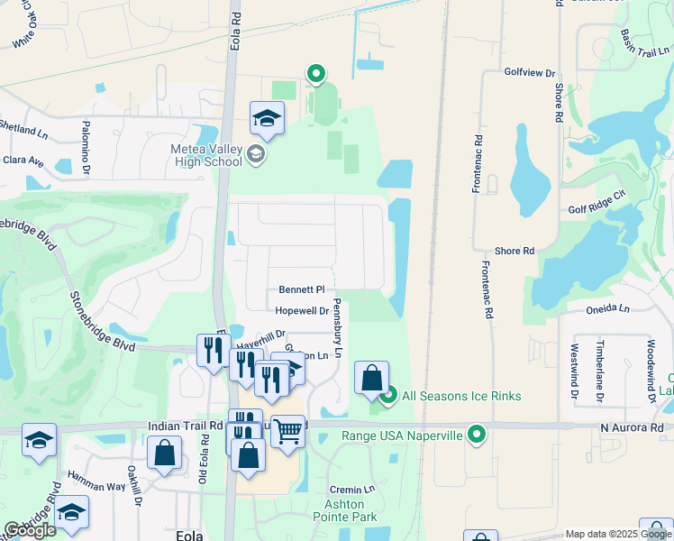 map of restaurants, bars, coffee shops, grocery stores, and more near 1387 Burnett Road in Aurora