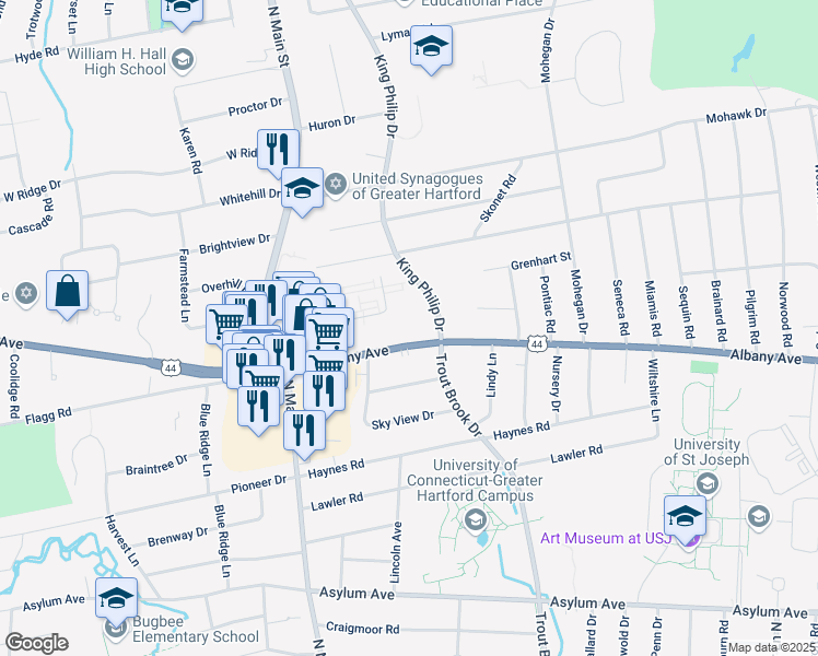 map of restaurants, bars, coffee shops, grocery stores, and more near 2410 Albany Avenue in West Hartford