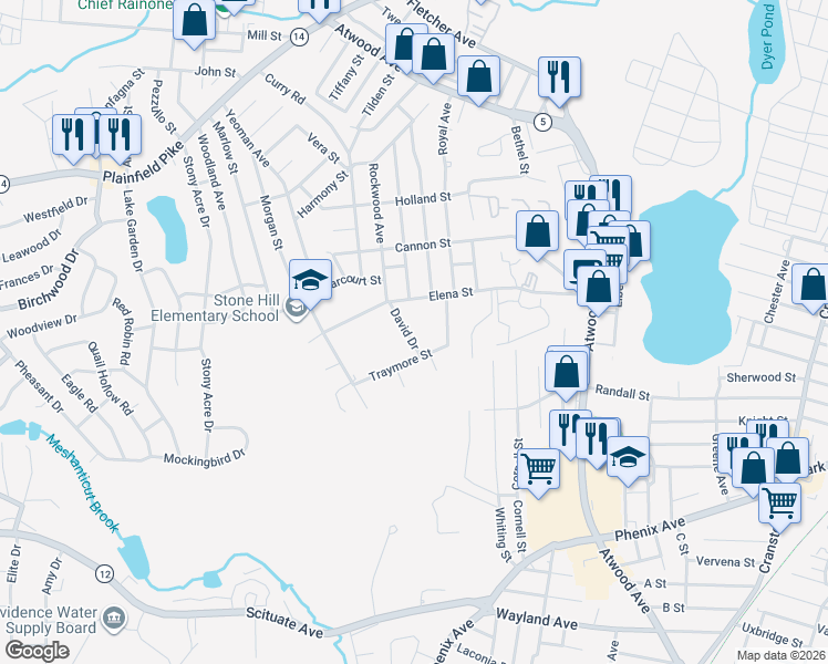 map of restaurants, bars, coffee shops, grocery stores, and more near 22 David Dr in Cranston