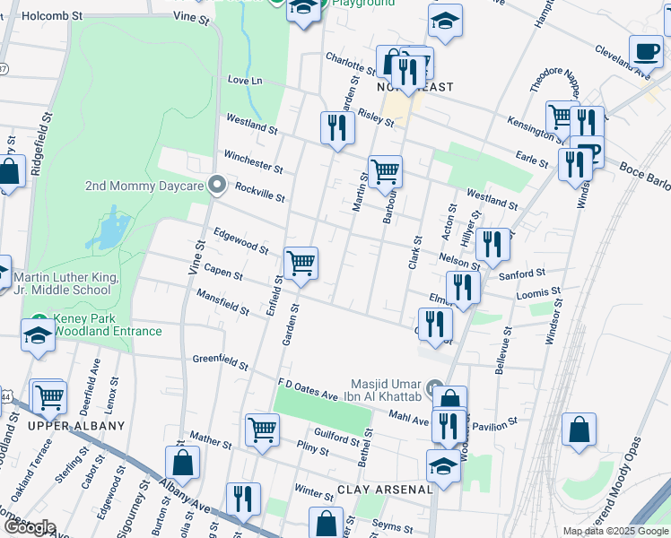 map of restaurants, bars, coffee shops, grocery stores, and more near 43 Martin Street in Hartford