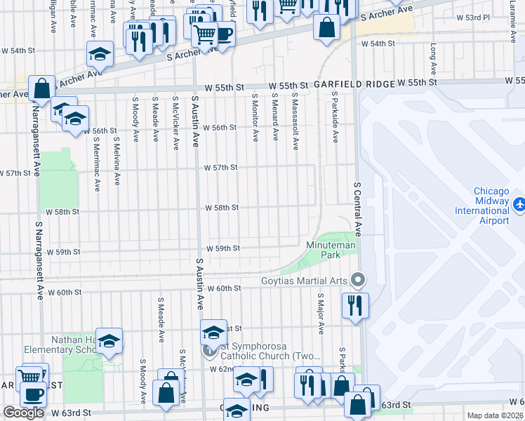 map of restaurants, bars, coffee shops, grocery stores, and more near 5801 South Monitor Avenue in Chicago