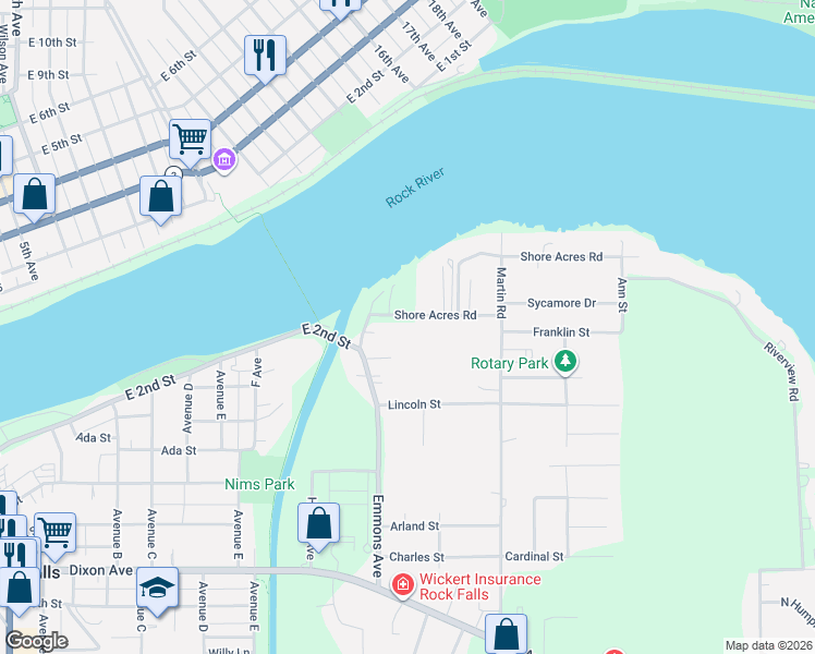 map of restaurants, bars, coffee shops, grocery stores, and more near 1006 Shore Acres Road in Rock Falls