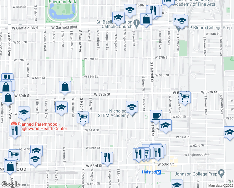 map of restaurants, bars, coffee shops, grocery stores, and more near W 59th St & S Morgan St in Chicago