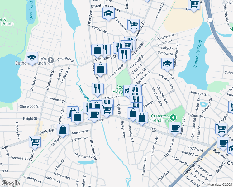 map of restaurants, bars, coffee shops, grocery stores, and more near 28 Oak Street in Cranston