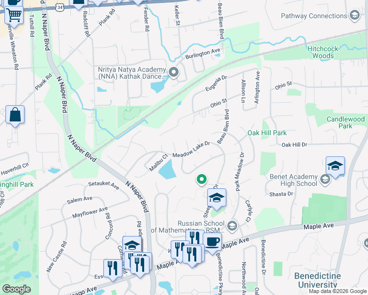 map of restaurants, bars, coffee shops, grocery stores, and more near 5S700 Buttonwood Court in Naperville