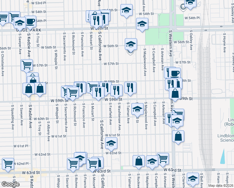 map of restaurants, bars, coffee shops, grocery stores, and more near 5842 South Washtenaw Avenue in Chicago