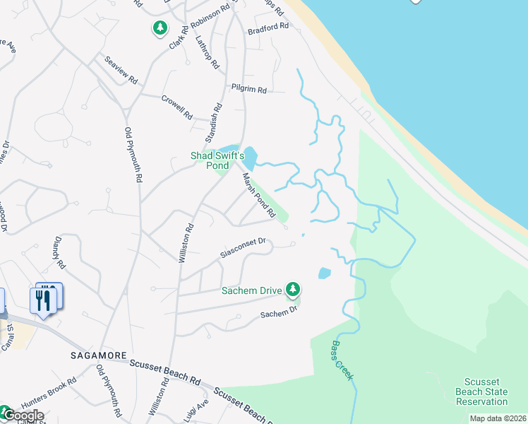 map of restaurants, bars, coffee shops, grocery stores, and more near 16 Marsh Pond Road in Bourne