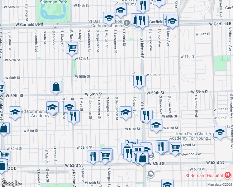 map of restaurants, bars, coffee shops, grocery stores, and more near W 59th St & S Sangamon St in Chicago