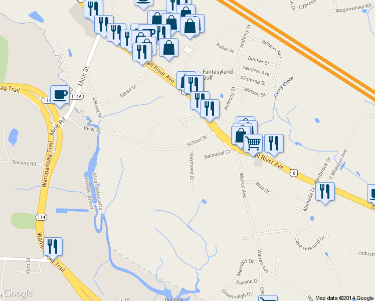 map of restaurants, bars, coffee shops, grocery stores, and more near 64 School St in Seekonk