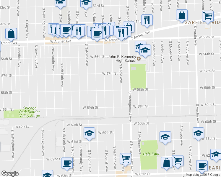 map of restaurants, bars, coffee shops, grocery stores, and more near 5754 South Natchez Avenue in Chicago