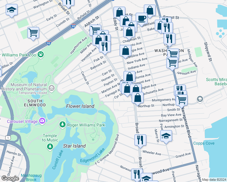 map of restaurants, bars, coffee shops, grocery stores, and more near 45 Farragut Avenue in Providence