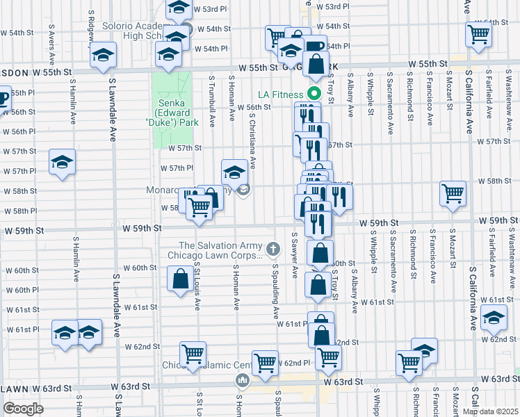 map of restaurants, bars, coffee shops, grocery stores, and more near 5831 S Christiana Ave in Chicago