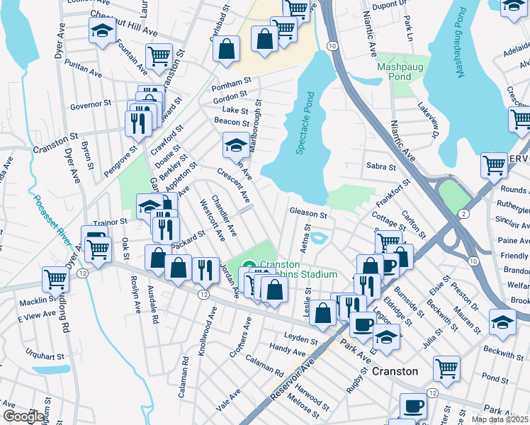 map of restaurants, bars, coffee shops, grocery stores, and more near 189 Harmon Avenue in Cranston