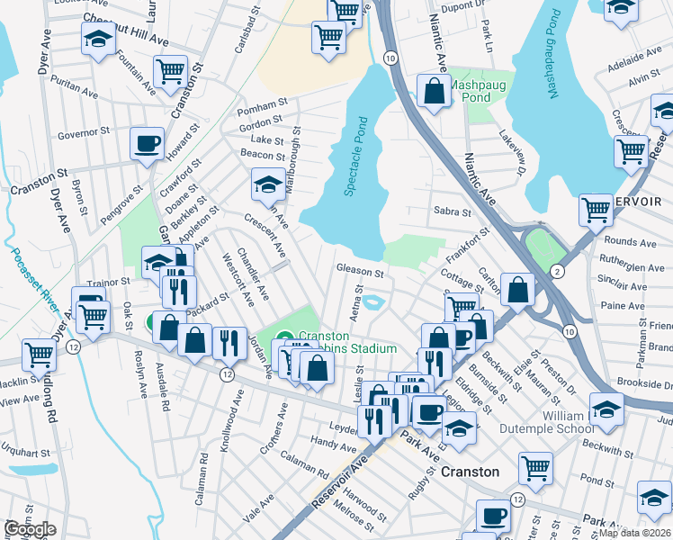 map of restaurants, bars, coffee shops, grocery stores, and more near 80 Gleason Street in Cranston