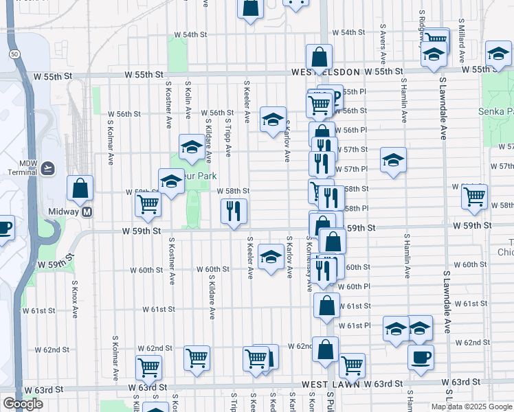map of restaurants, bars, coffee shops, grocery stores, and more near 4152 West 58th Place in Chicago