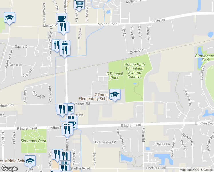 map of restaurants, bars, coffee shops, grocery stores, and more near 1417 McClure Road in Aurora