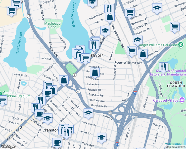 map of restaurants, bars, coffee shops, grocery stores, and more near 172 Rutherglen Avenue in Providence