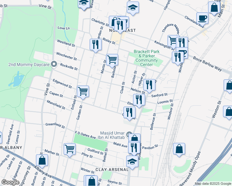 map of restaurants, bars, coffee shops, grocery stores, and more near 75 Clark Street in Hartford