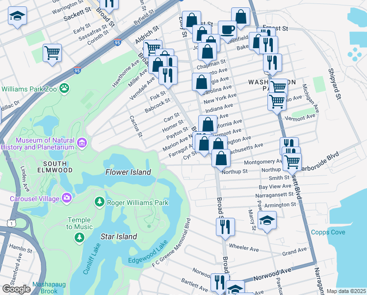 map of restaurants, bars, coffee shops, grocery stores, and more near 45 Farragut Avenue in Providence