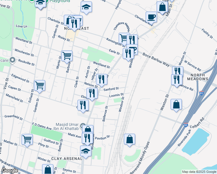 map of restaurants, bars, coffee shops, grocery stores, and more near 36 Sanford Street in Hartford