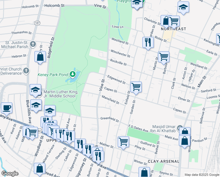 map of restaurants, bars, coffee shops, grocery stores, and more near 320 Capen Street in Hartford