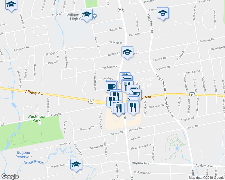 map of restaurants, bars, coffee shops, grocery stores, and more near 747 North Main Street in West Hartford