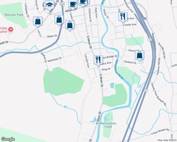 map of restaurants, bars, coffee shops, grocery stores, and more near 16 South Chapel Street in Torrington