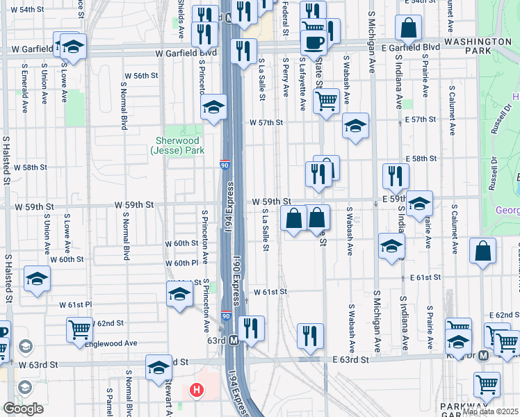 map of restaurants, bars, coffee shops, grocery stores, and more near 5903 South Wentworth Avenue in Chicago