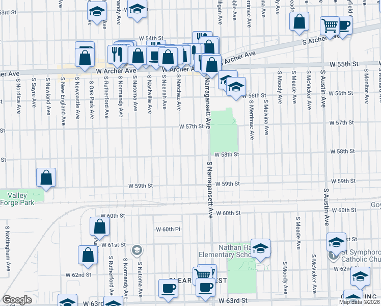 map of restaurants, bars, coffee shops, grocery stores, and more near 5758 South Nagle Avenue in Chicago