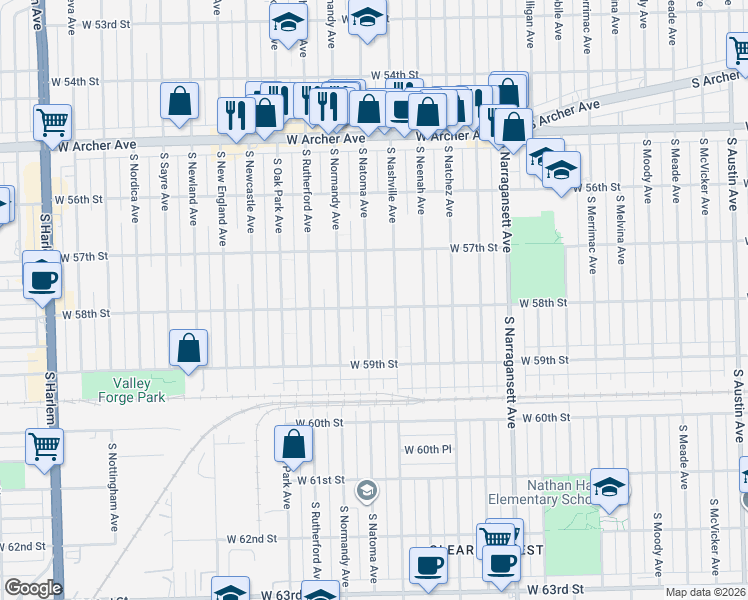 map of restaurants, bars, coffee shops, grocery stores, and more near 5755 South Natoma Avenue in Chicago