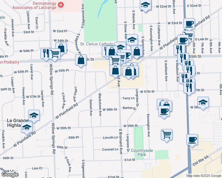 map of restaurants, bars, coffee shops, grocery stores, and more near 5656 South Brainard Avenue in Countryside