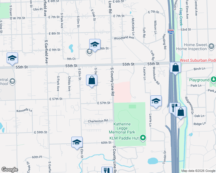 map of restaurants, bars, coffee shops, grocery stores, and more near 5620 South County Line Road in Hinsdale