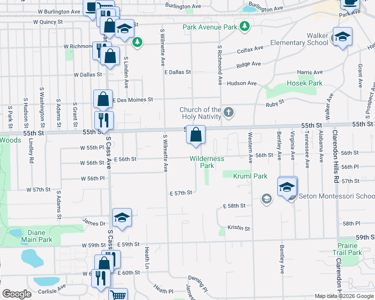map of restaurants, bars, coffee shops, grocery stores, and more near 210 East 56th Street in Westmont