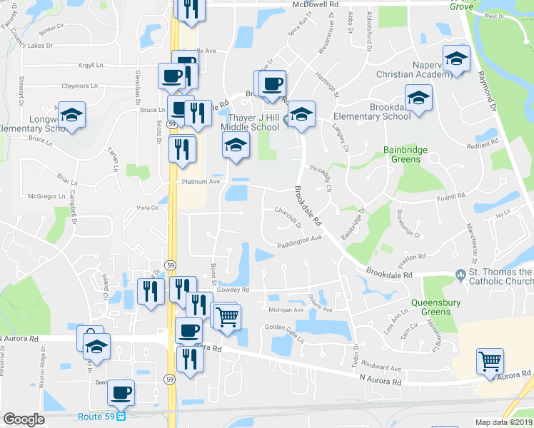 map of restaurants, bars, coffee shops, grocery stores, and more near 1861 Paddington Avenue in Naperville