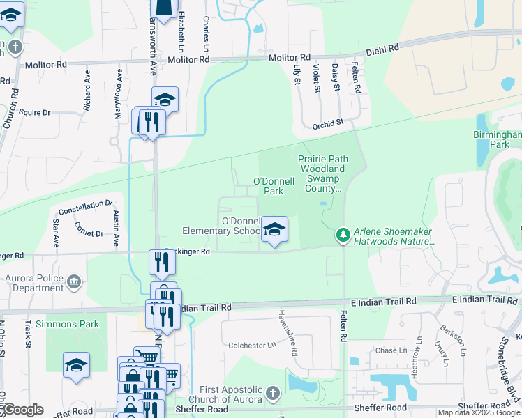 map of restaurants, bars, coffee shops, grocery stores, and more near 1417 McClure Road in Aurora