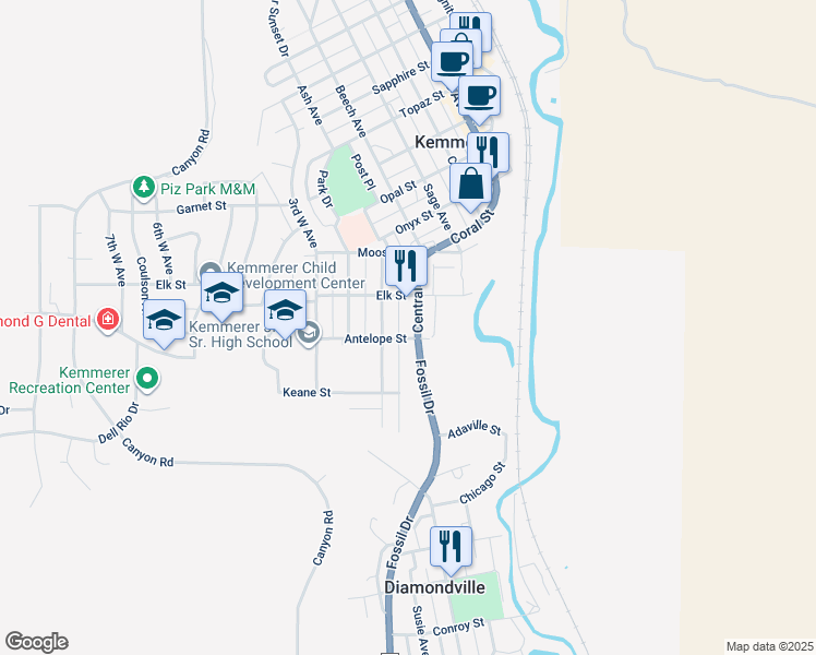 map of restaurants, bars, coffee shops, grocery stores, and more near 1405 Central Avenue in Kemmerer