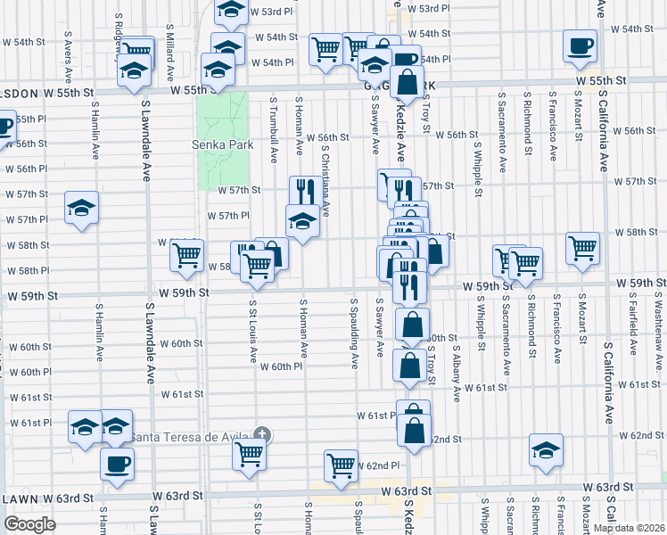 map of restaurants, bars, coffee shops, grocery stores, and more near 5831 South Christiana Avenue in Chicago