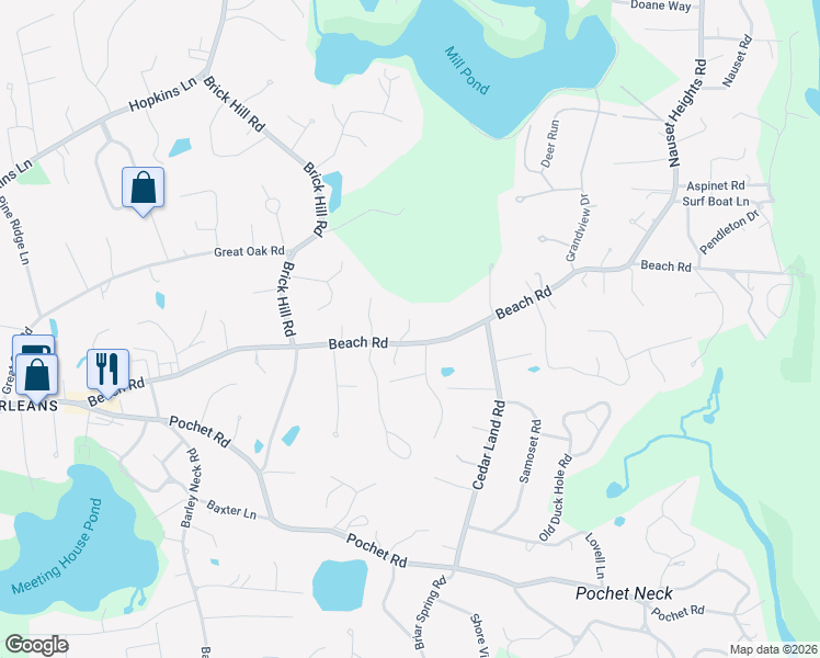 map of restaurants, bars, coffee shops, grocery stores, and more near 106 Beach Road in Orleans