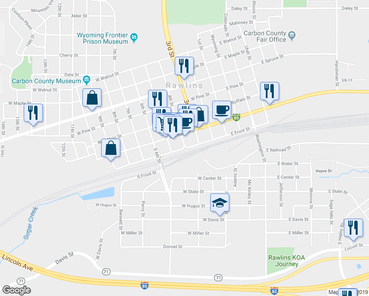 map of restaurants, bars, coffee shops, grocery stores, and more near W Front St & 4th St in Rawlins