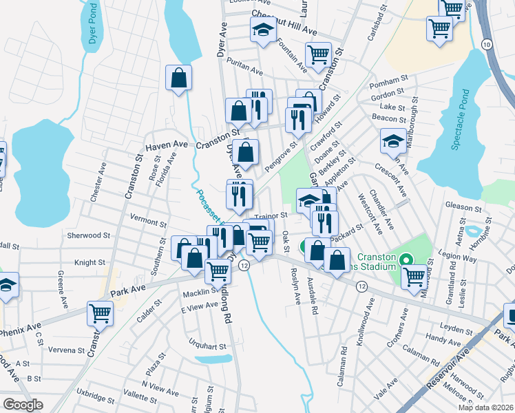 map of restaurants, bars, coffee shops, grocery stores, and more near 9 Cedar St in Cranston