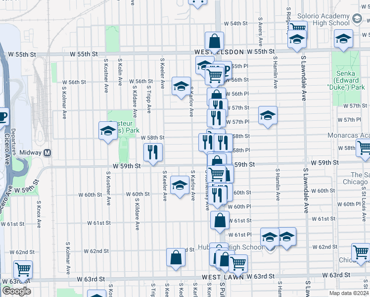map of restaurants, bars, coffee shops, grocery stores, and more near 4112 West 58th Place in Chicago