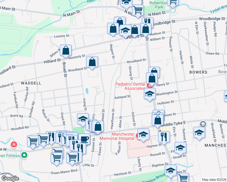 map of restaurants, bars, coffee shops, grocery stores, and more near 124 Hawthorne Street in Manchester