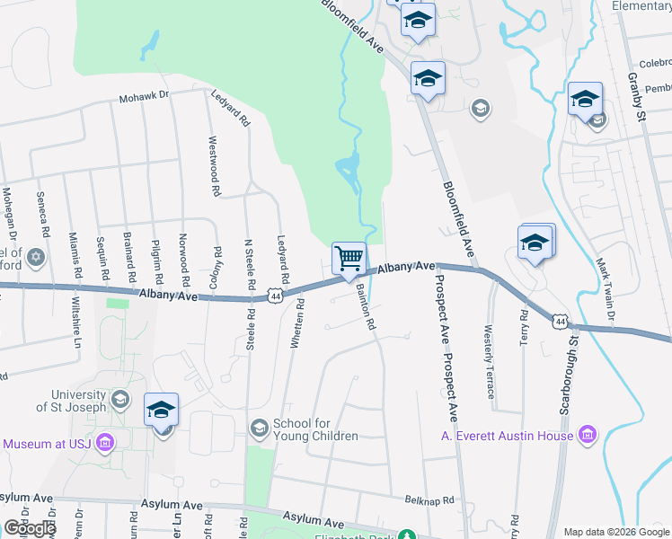 map of restaurants, bars, coffee shops, grocery stores, and more near 1916 Albany Avenue in West Hartford