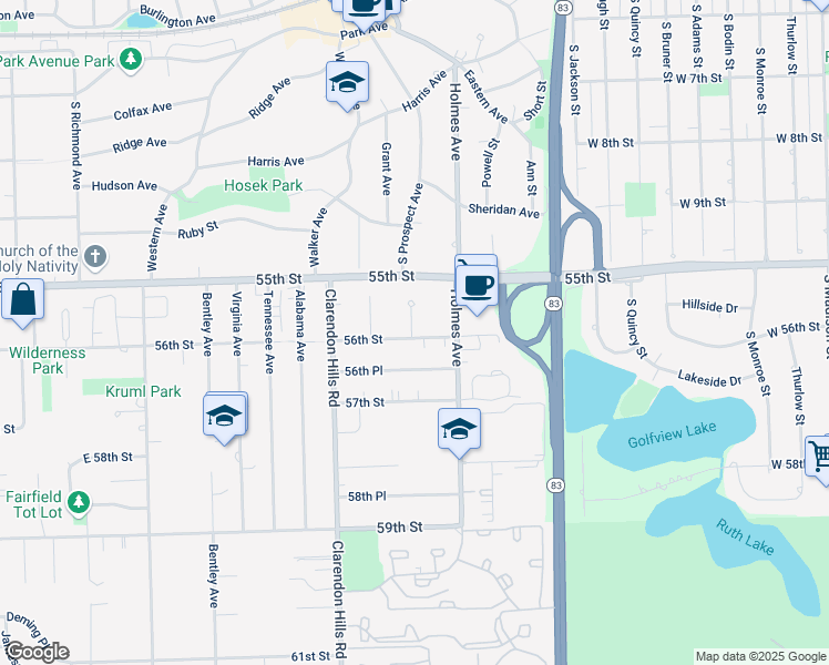 map of restaurants, bars, coffee shops, grocery stores, and more near 5530 Barclay Court in Clarendon Hills