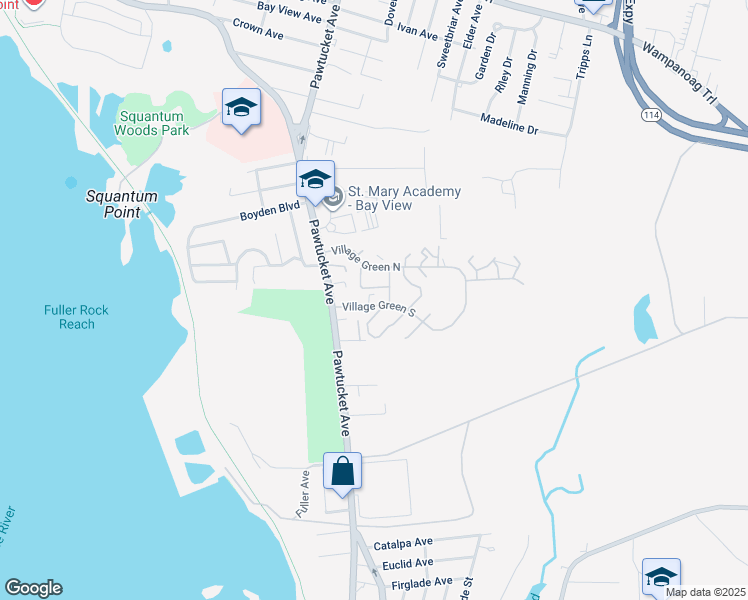 map of restaurants, bars, coffee shops, grocery stores, and more near 50 Village Green South in East Providence