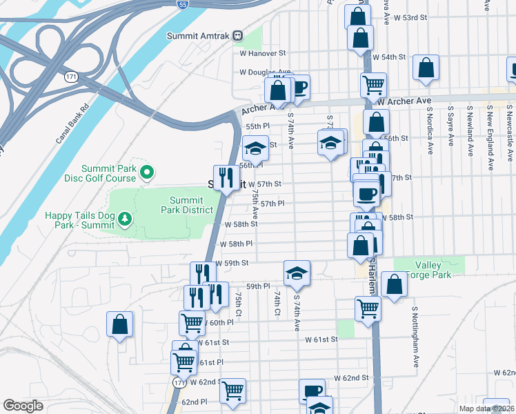 map of restaurants, bars, coffee shops, grocery stores, and more near 7441 57th Place in Summit
