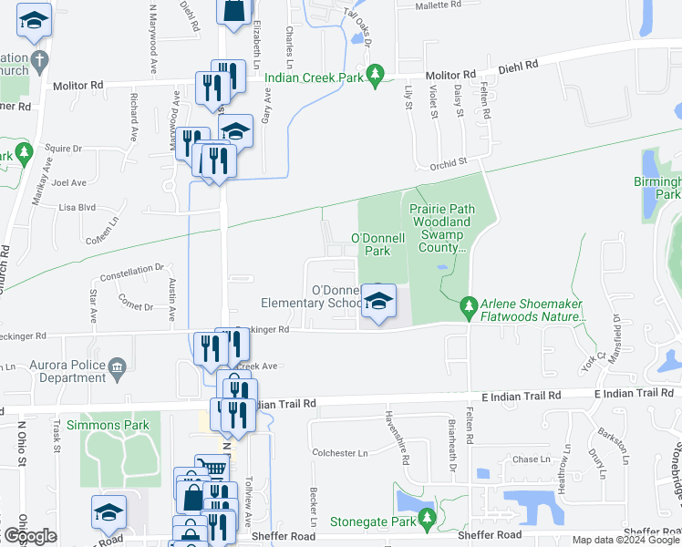 map of restaurants, bars, coffee shops, grocery stores, and more near 1565 Avati Lane in Aurora