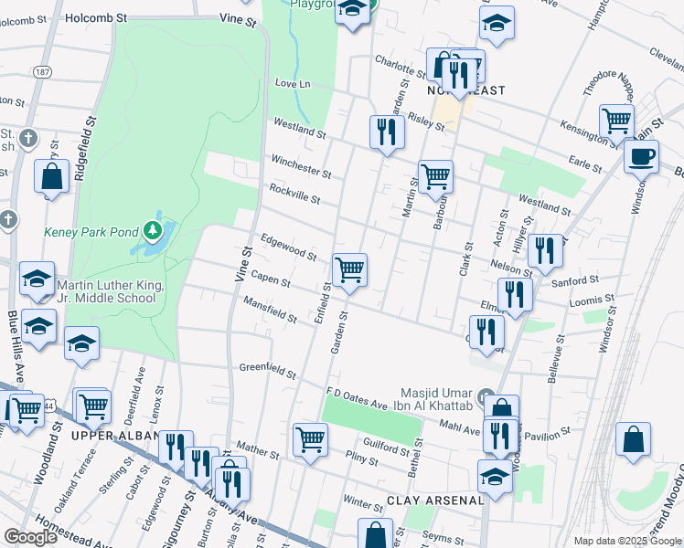 map of restaurants, bars, coffee shops, grocery stores, and more near in Hartford